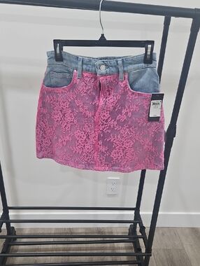 Guess Pink Lace-Overlay Denim Mini Skirt